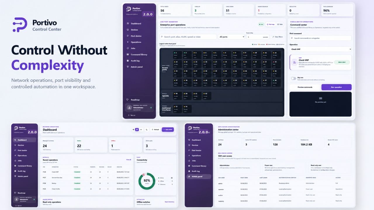 Portivo dashboard, live ports and administration interface